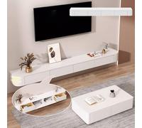 Moderno supporto per TV galleggiante bianco con vari scomparti portaoggetti di grandi dimensioni, montaggio a parete, per soggiorno o camera da letto, 240 x 20 x 24 cm