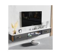 Moderno supporto per TV sospeso con ampio spazio di archiviazione, console multimediale di lusso con porta ribaltabile in vetro, piastra in roccia, soluzione elegante per l'intrattenimento domestico