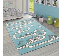 Moderno tappeto blu per la cameretta dei bambini con disegno di strada, casa e a
