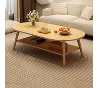 Moderno tavolino da caffè a 2 ripiani, pratico tavolino centrale in legno con ripiano portaoggetti, gambe in legno massello, tavolo ovale per soggiorno, piccoli spazi (120 x 60 x 42 cm, giallo)