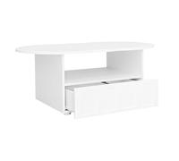 Moderno tavolino da caffè a forma di nuvola con cassetto push-to-open e vano portaoggetti aperto, per soggiorno con design frontale curvo, effetto legno bianco, elegante tavolo da soggiorno con spazio