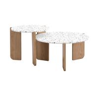 Moderno tavolino da caffè combinabile in set da 2 con effetto terrazzo artistico e gambe in legno robuste, design innovativo a nido per una decorazione flessibile (colore bianco + legno)