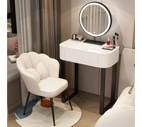 Moderno tavolino da trucco con cassetti, specchio e luci a LED, elegante set da toeletta con sgabello imbottito, ideale per piccole camere da letto, perfetto per ragazze e donne.