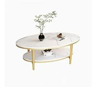 Moderno Tavolino ovale for soggiorno, tavolino moderno a 2 livelli con ripiano aperto, piano Rock con struttura in metallo, tavolo da cocktail centrale moderno semplice Decorativo(White+Gold)