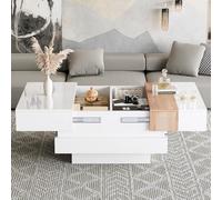 Moderno tavolino quadrato con piano estraibile e spazio nascosto, lucido, per soggiorno, camera da letto, 70 x 70 x 39 cm, bianco