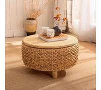 Moderno tavolino rotondo in rattan fatto a mano con contenitore, mini tavolino da tè per soggiorno, balcone o finestra a bovindo, design in vimini in legno massello, 43,2 x 27,9 cm
