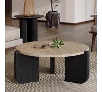 Moderno tavolino rotondo per soggiorno, piano in travertino da 90 cm, base rustica in legno massello, elegante tavolo centrale per camera da letto e sala da pranzo, finitura nera