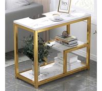 Moderno tavolino stretto con libreria, tavolino portaoggetti a 3 ripiani per divano, comodino per soggiorno, camera da letto, ufficio, finitura oro bianco (60,2 x 40,1 x 68,1 cm (lunghezza x larghezza