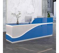 Moderno tavolo da ricevimento blu e bianco con luce a LED, 120 cm, bancone in legno, per soggiorno e ufficio, elegante tavolo da ricevimento per saloni di bellezza e armadietti