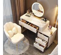 Moderno tavolo da trucco con specchio regolabile e 5 cassetti, set di scrivania con sgabello, elegante tavolino da toeletta bianco (100 cm)