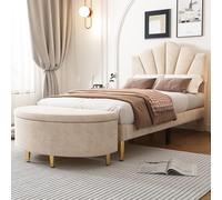 Moderno telaio del letto con testiera in velluto curvo, struttura rinforzata, aspetto raffinato, supporto centrale rinforzato, seduta funzionale, lavorazione di alta qualità (beige, 90 x 200 cm)