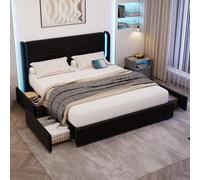 Moderno telaio del letto da 160 x 200 cm con illuminazione a LED nella testiera, porte USB e eleganti ali per letto per ulteriori 4 pratici cassetti, imbottitura spessa (nero)