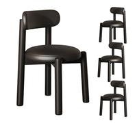 ModernWalnutWoodDiningChairsSetof4CurvedBackDesignSturdyFrameAntiscratchLeather & PlaidFabricCushionsEleganteBlackFinishPerfectforDiningRoom.