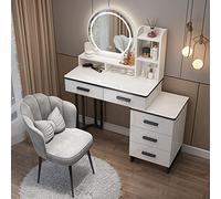 ModernWhiteMakeupDeskwithLEDLightsAdjustableStorageCabinetDrawerMirrorShelves & SgabelloIdealforBedroomStudio & LargeVanities(100cm)
