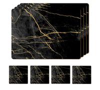 Moderry - Set di 4 tovagliette con retro in sughero e 4 sottobicchieri coordinati con motivo marmorizzato, resistenti al calore, in omaggio, per tavolo da pranzo, 40,6 x 30,5 cm (nero e oro)