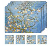 Moderry Set di 4 tovagliette in sughero resistente al calore per tavolo da pranzo, con 4 sottobicchieri abbinati, blu, design botanico, 40,6 x 30,5 cm, fondo in sughero, tovagliette rigide (fiori di