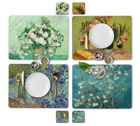 Moderry Set di 4 tovagliette in sughero resistenti al calore per tavolo da pranzo con set di 4 sottobicchieri coordinati Van Gogh Masterpieces design 40,6 x 30,5 cm tovagliette rigide con retro in