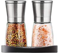 Modetro Macina Pepe, Set da 2 - Saliera e Pepiera Manuale in Vetro e Acciaio Inox con Supporto in Silicone - Macinino per Sale e Pepe Professionale
