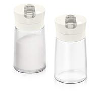 Modixun 2 dispenser per zucchero in vetro con beccuccio ribaltabile automatico, contenitore per zucchero ponderato, 250 ml, zuccheriera, barattolo, piatto per sale, accessori da bar (Bianco)