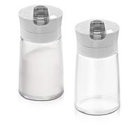 Modixun 2 dispenser per zucchero in vetro con beccuccio ribaltabile automatico, contenitore per zucchero ponderato, 250 ml, zuccheriera, barattolo, piatto per sale, accessori da bar (Grigio)