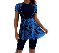 MODSGUE 2 Pezzi Costume da Bagno con Stampa Floreale, Burkini Modest per Donne Musulmane, a Manica Corta, Costume da Bagno Arabo, Burkini Monocromatico, Comodo per Nuoto, Blu marino, S