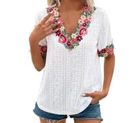 MODSGUE Abbigliamento Donna Bohemian Folklore Ricamo Camicetta 3/4 Maniche V Collo Tunica Estate Casual Confortevole Top Moda Casual Slim Fit Top Camicette Tuniche Per Donna, bianco, XL