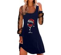 MODSGUE Abito da sera da donna, Natale, rosso, con stampa a calici da vino, sexy, in rete, con scollo rotondo, a maniche lunghe, per autunno e inverno, tinta unita, Blu marino, M