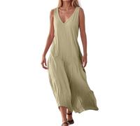 MODSGUE Abito da spiaggia da donna, lungo, tinta unita, senza maniche, elegante, scollo a V, maxi abito invernale con spalline sottili, per il tempo libero, taglie grandi, beige., L
