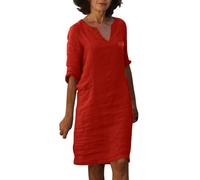 MODSGUE Abito estivo da donna, con scollo a V, a maniche corte, con bottoni, per il tempo libero, a maniche lunghe, casual, tinta unita, in lino, Colore: rosso, XXL