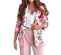 MODSGUE Blazer da donna, elegante a maniche lunghe, motivo floreale, con stampa, giacca estiva a risvolto, vestibilità sottile, giacca da ufficio, leggero, traspirante, alla moda, Colore: rosa., L