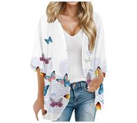 MODSGUE Blazer Donna Elegante, Donna Hawaii Aperto Fronte Lungo Drappeggiato Leggero Baisc Fiore Stampa Cardigan Estivo Comodo Manica 3/4 Oversize Autunno Outerwear Abbigliamento, Azzurro, M