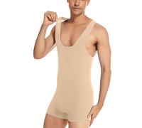 MODSGUE Body da uomo con olio lucido, senza maniche, con gamba, a compressione, un pezzo unico, biancheria intima, clubwear sportiva, maglia leotard, beige., L