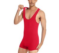 MODSGUE Body da uomo con olio lucido, senza maniche, con gamba, a compressione, un pezzo unico, biancheria intima, clubwear sportiva, maglia leotard, Colore: rosso, L