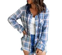 MODSGUE Camicia da donna a quadri, con cappuccio, a quadri, con cappuccio, a quadretti, a maniche lunghe, per l'uso quotidiano e l'Oktoberfest, Blu, M