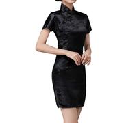 MODSGUE Cheongsam Abito da donna, Qipao, vestibilità stretta, maniche corte, attillato, abito tradizionale, collo mandarino, spacco laterale, stampa floreale cinese, abito drago, Nero , 3XL