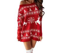 MODSGUE Maglione invernale da donna, con motivo renna, maglione natalizio, comodo, caldo, in cotone, girocollo, a maniche lunghe, maglione natalizio, mini abito avvolgente, Colore: rosso, XL