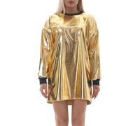 MODSGUE Mini abito da donna metallizzato, a maniche lunghe, lungo, per feste, discoteca, elegante, sexy, da cocktail, con scollo rotondo, lucido, a tunica, per clubwear, gold, M