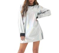 MODSGUE Mini abito da donna metallizzato, a maniche lunghe, lungo, per feste, discoteca, elegante, sexy, da cocktail, con scollo rotondo, lucido, a tunica, per clubwear, argento, M