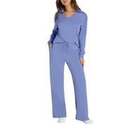 MODSGUE Pigiama da donna lungo, set estivo, in due pezzi, in cotone, a costine, tinta unita, comodo da notte, caldo, a coste, per il tempo libero, set da 2 pezzi, Celeste., M