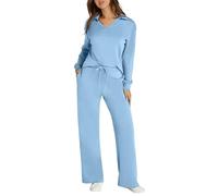MODSGUE Pigiama da donna lungo, set estivo, in due pezzi, in cotone, a costine, tinta unita, comodo da notte, caldo, a coste, per il tempo libero, set da 2 pezzi, Azzurro, S