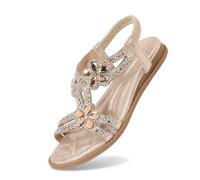 MODSGUE Sandali con glitter da donna, estivi, eleganti, piatti, con strass, per ragazze, comodi, con suola morbida, sandali basici, tinta unita, gold, 46 EU