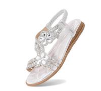 MODSGUE Sandali con glitter da donna, estivi, eleganti, piatti, con strass, per ragazze, comodi, con suola morbida, sandali basici, tinta unita, argento, 37 EU