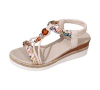MODSGUE Sandali da donna estivi piatti, sandali bohemia con strass, per il tempo libero, da spiaggia, ortopedici, casual, bohémien, elastici, infradito, beige., 41 EU