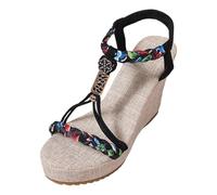 MODSGUE Sandali estivi da donna, sandali piatti, sandali bohemia, con strass, per il tempo libero, da spiaggia, ortopedici, intrecciati, casual, alla caviglia, elastici, infradito estive, Nero , 39 EU