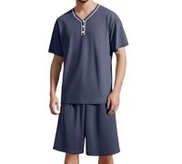 MODSGUE Set pigiama corto da uomo, biancheria da notte a maniche corte, per l'estate, da uomo, in tinta unita, per la casa, Blu marino, L