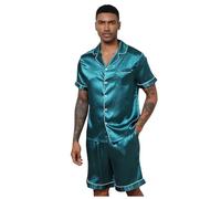 MODSGUE Somemr - Pigiama da uomo in raso a maniche corte, comodo effetto seta, traspirante ed elastico, set di biancheria da notte in due pezzi per dormire, verde, L