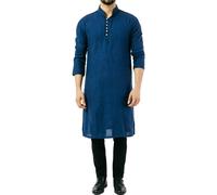 MODSGUE Tunica da uomo musulmana tradizionale lunga in cotone, kurta indiana, camicia lunga estiva, colletto alto, camicia da notte caftano da uomo in lino a maniche lunghe, Blu, 3XL
