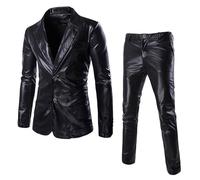 MODSGUE Tuta da uomo in argento lucido, per il tempo libero, slim fit, tinta unita, blazer, set da 2 pezzi, con giacca e pantaloni da abito da sposa, elegante night club, Nero , 3XL
