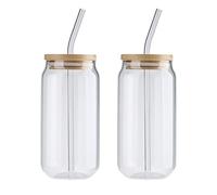 MODUDY Bicchieri da Birra in Lattina con Coperchi in bambù e Cannucce in Vetro, 2 Bicchieri Grezzi in Vetro, a Forma di Lattina, per caffè Freddo, Succhi, Bibite Gassate, Birra(#1)