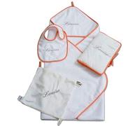 Modulit - Cofanetto nascita personalizzato 4 pezzi: mantello da bagno + bavaglino + copertina per libretto sanitario + peluche (corallo)